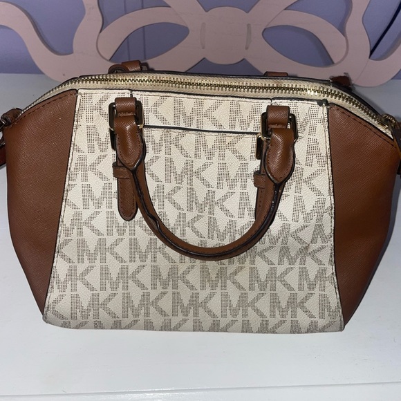 Michael Kors Brown and Ivory MK Logo Satchel with Gold Hardware - Picture 3 of 6